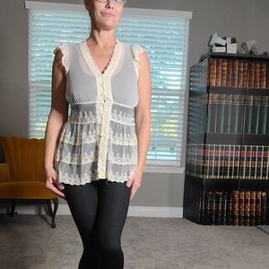 Womens Sheer Lace Ivory Button Up Vest